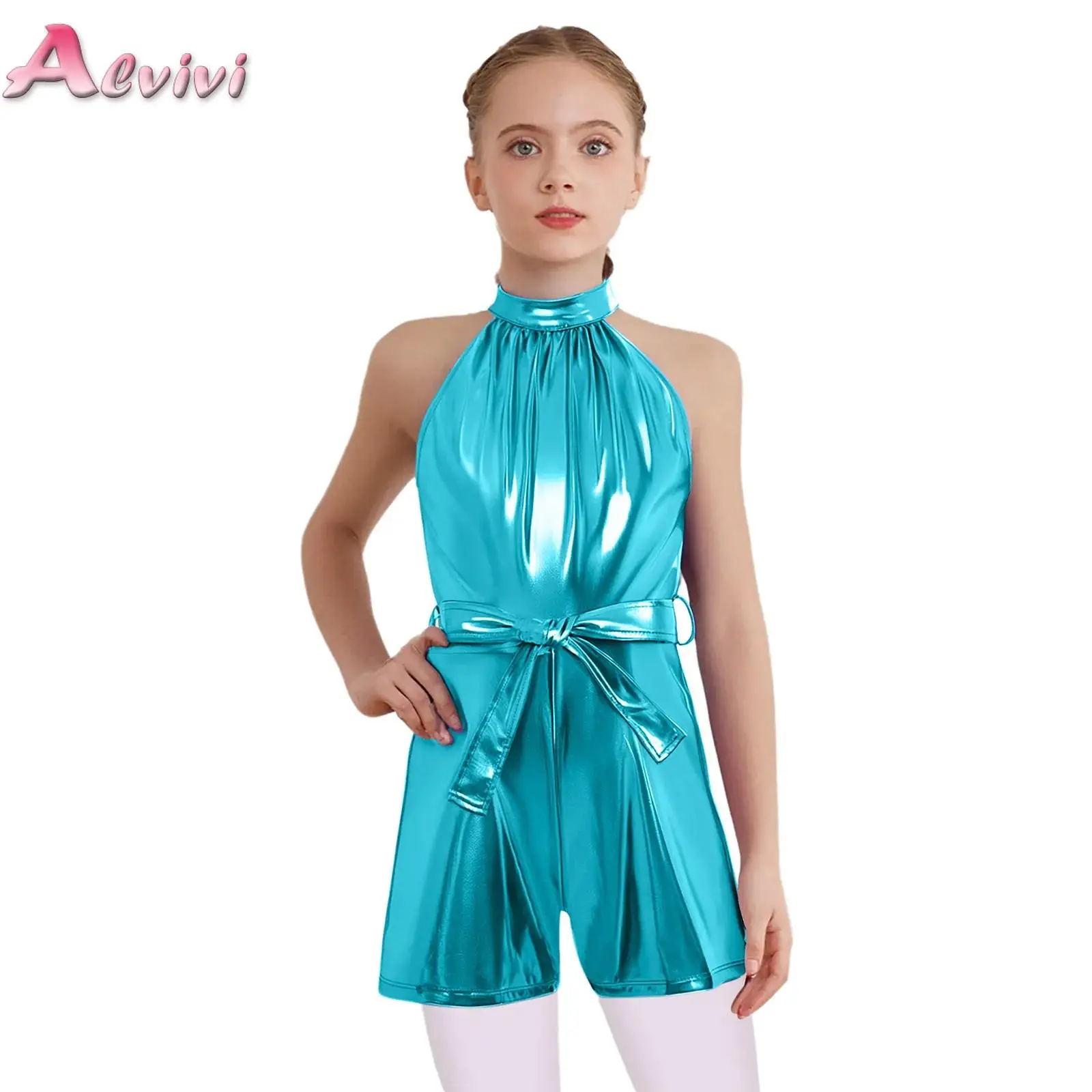 

Kids Girls Shiny Metallic Rompers Modern Jazz Latin Ballet Dance Costume Shorty Unitard+Belt Party Stage Performance Dancewear