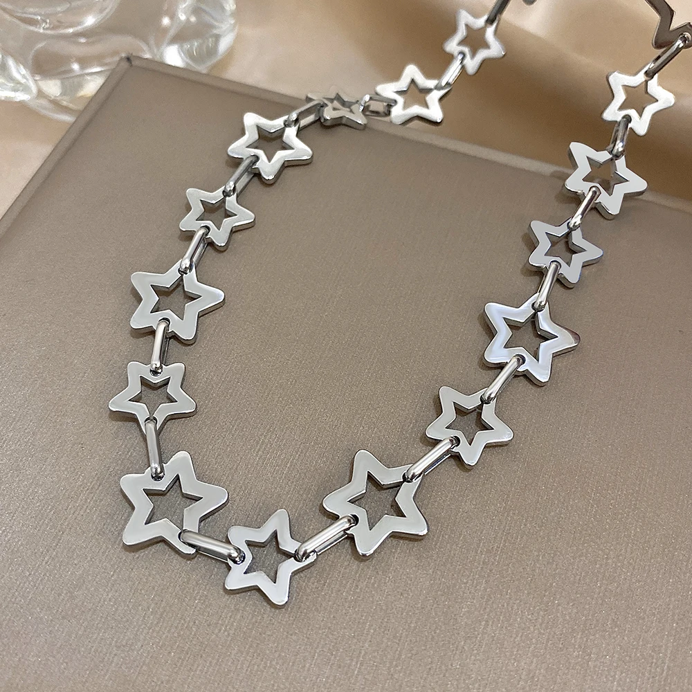 Mode Edelstahl Gold Silber Farbe Halskette für Frauen Nette Hohle Sterne Link Kette Halsketten Wasserdicht Schmuck Geschenke – Detail 11