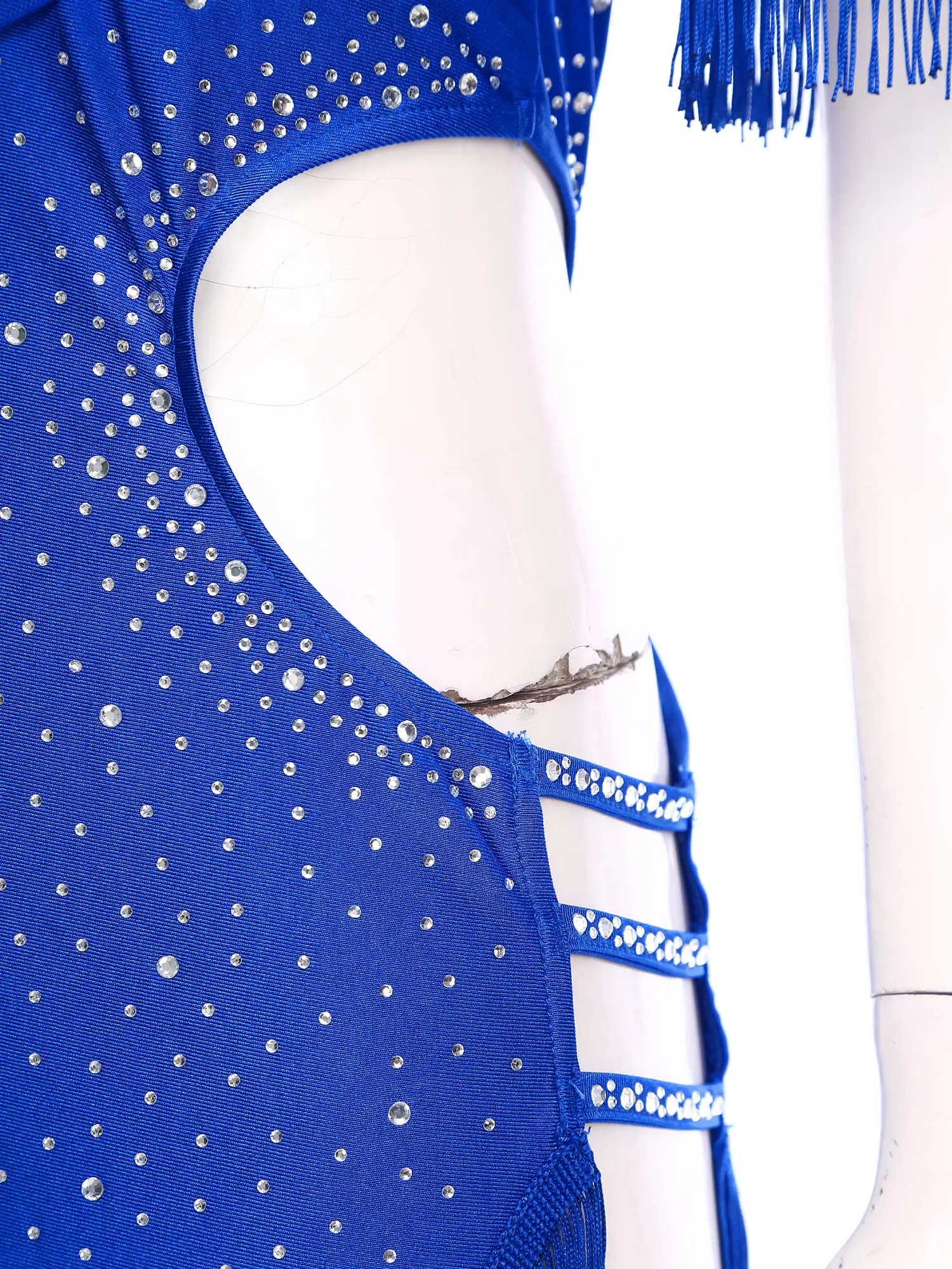 Abito da ballo latino da donna Cha-Cha Samba Tango Costume da spettacolo per sala da ballo Senza maniche Strass lucidi Ritaglio Frangia Dancewear