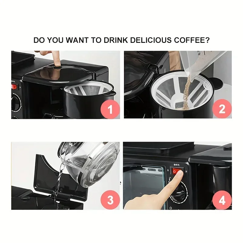 ماكينة صنع الإفطار 3 في 1 للمنزل، ماكينة صنع الخبز الكهربائية الصغيرة، ماكينة القهوة بالتنقيط سعة 600 مل، مقلاة غير لاصقة، يمكن قلي شريحة لحم الشواية