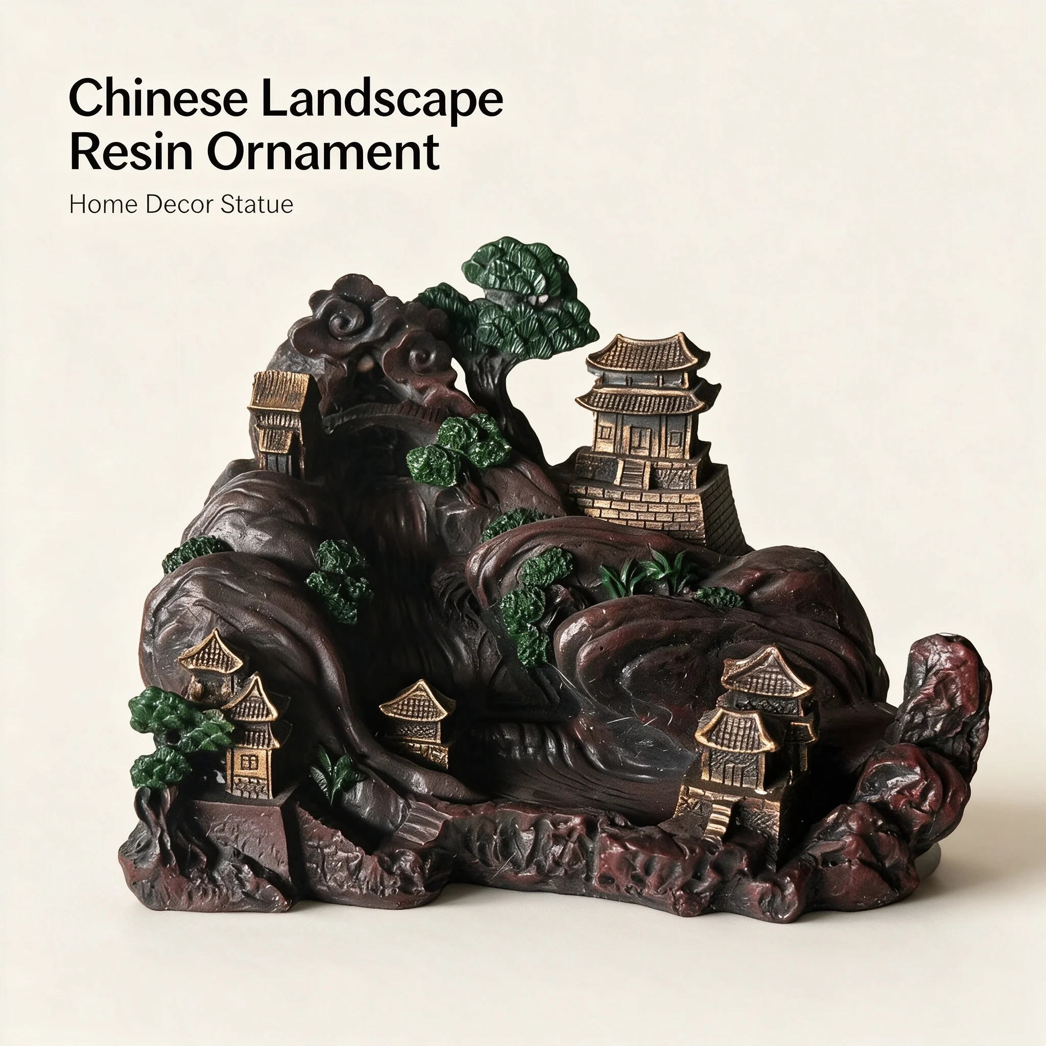 Miniature landscape with Chinese-style pavilion and rockery, pine tree figurines, office or tea room creative home decor