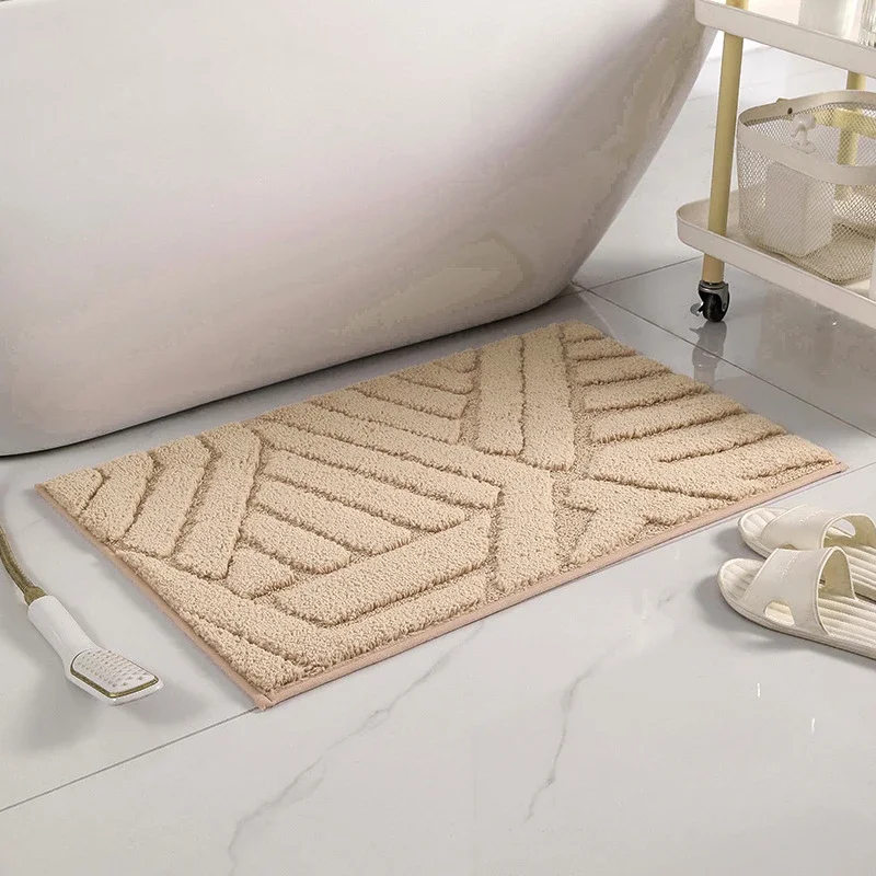 Geometric Flocking Striped Bath Mats, Microfiber Bath Rug, Anti Slip and Absorbent Shower Room Doormat, Washroom Floor Mat