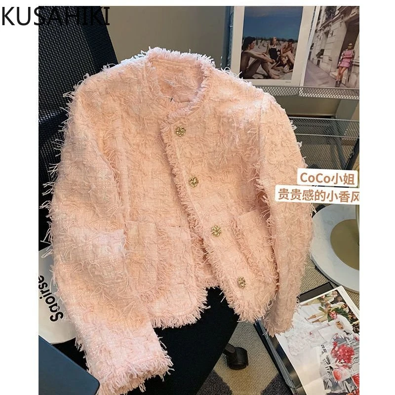 KUSAHIKI Korean Fashion Tassel Jackets Women Autumn 2023 New Coat Elegant Single Breasted Long Sleeve O-neck Caridgan Outwear