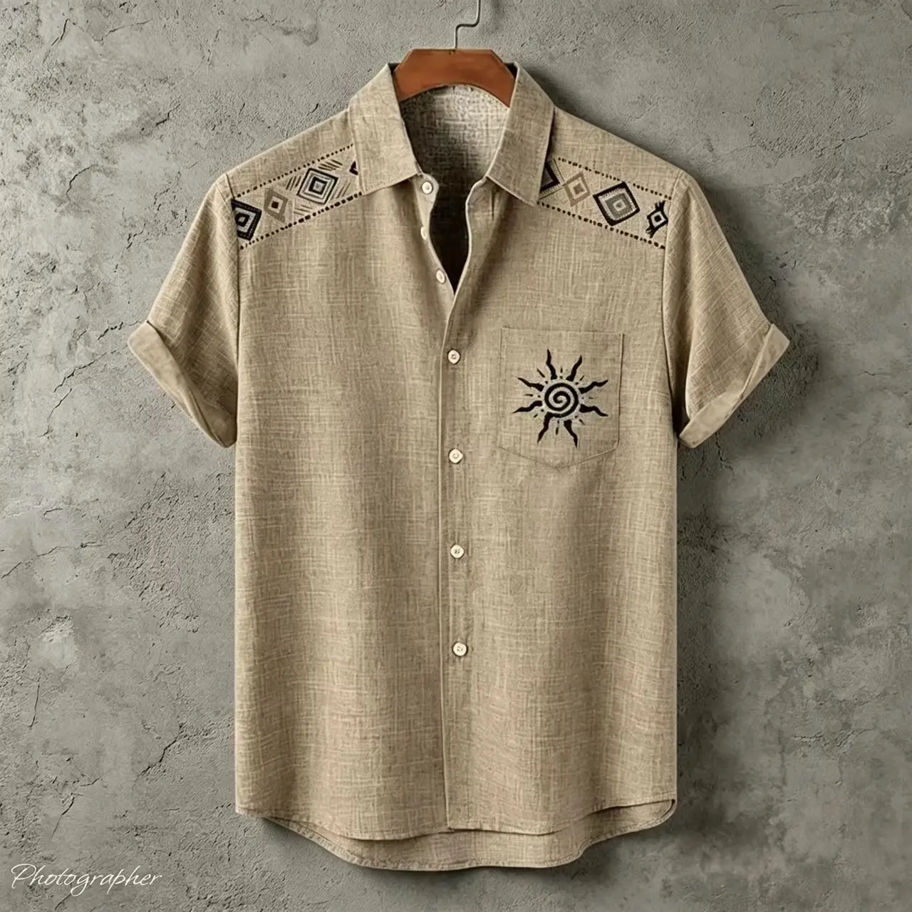 Men's Linen Short-Sleeved Shirt, Ethnic Tribe 3D Printed Sun Pattern, Breathable Summer Beach Shirt, Retro Bohemian Style