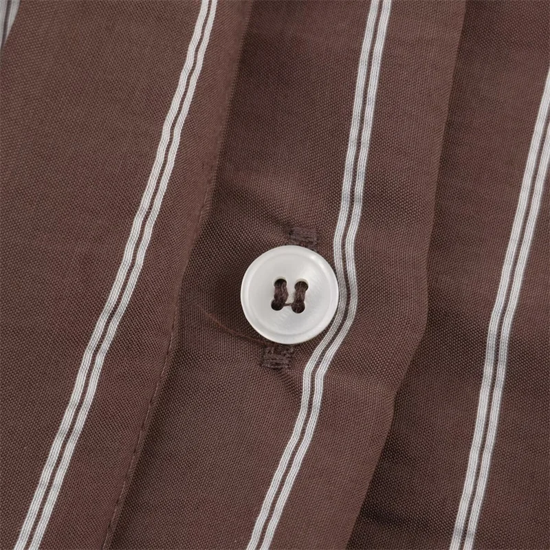 Damska koszula 2025 jesień nowość czerwono-brązowa koszula w paski z długim rękawem, z kieszenią, luźny krój, casualowa i modna, uniwersalna.