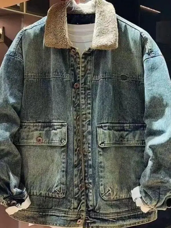 

Thiened Denim Jaet Men's Warmth Collar Fce-Lined Retro Trendy Winter Outerwear Casual Loose Fit Busin Suitable