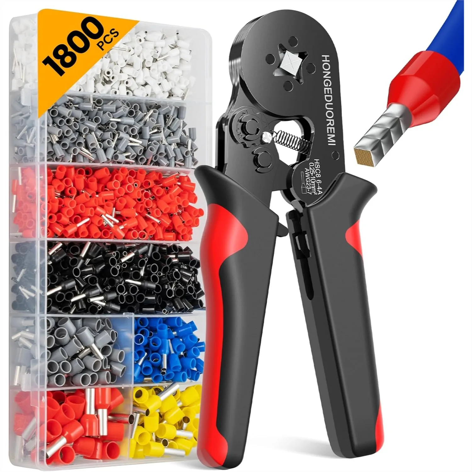 

Ferrule Crimping Tool Kit 1800PCS Wire Ferrules Connectors 4 Corners Self-Adjustable AWG23-7 Gauge Ratchet Pliers for Audio Car DIY