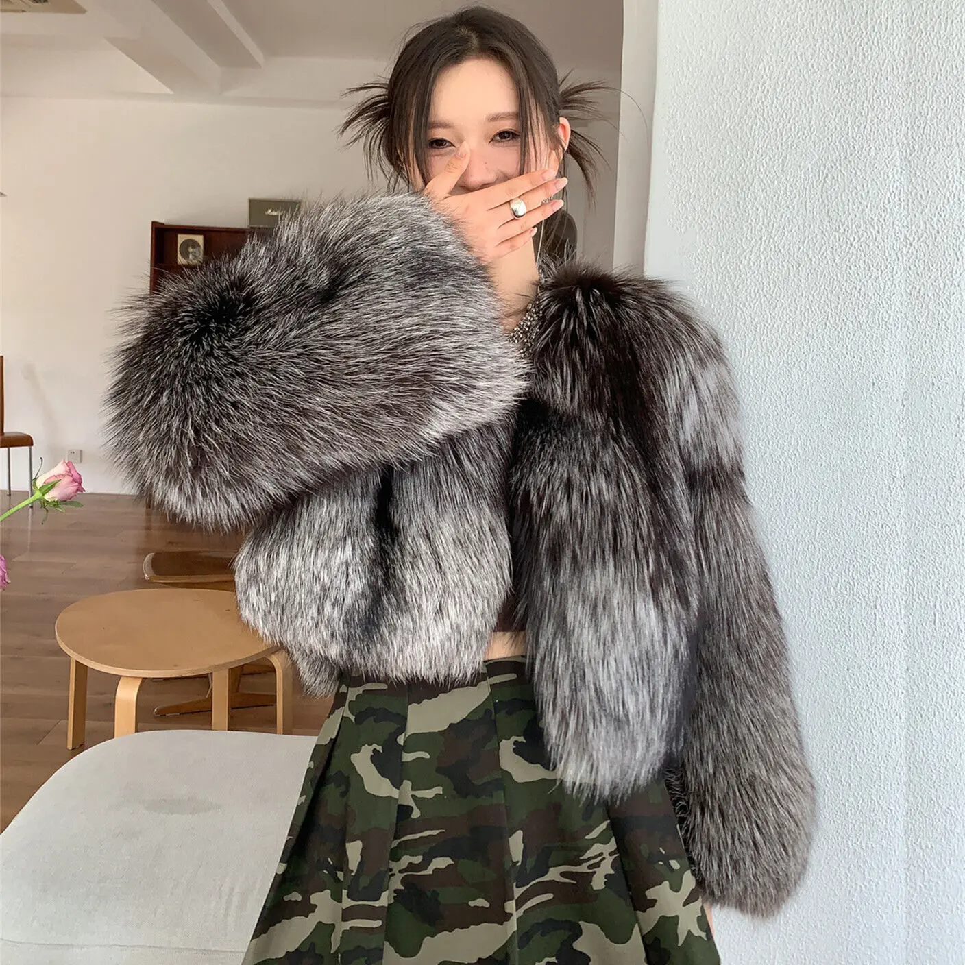 Natural Sliver Fox Fur Short Jacket Women Fashion Luxury Outertwear Autumn Winter Genuine Real Fox Fur Coat Lady