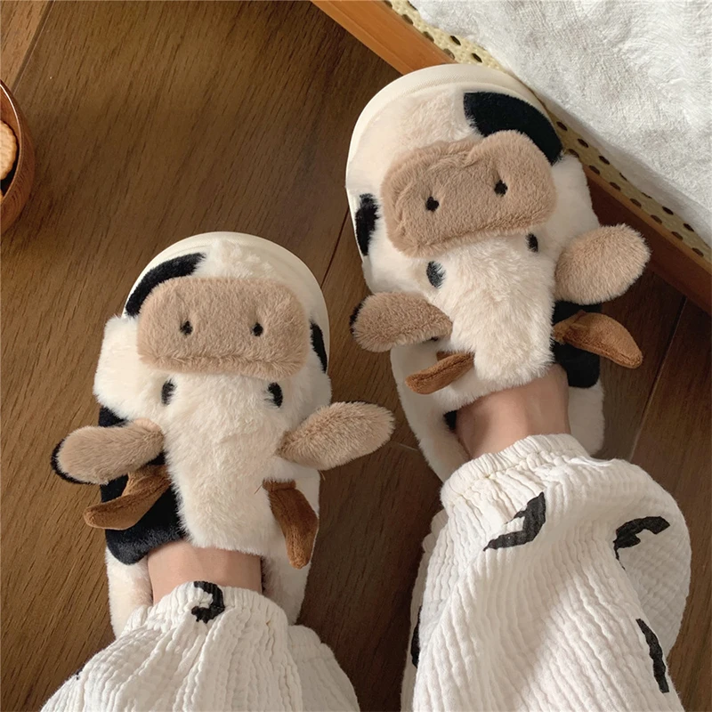 Winter Cartoon Cow Cotton Slippers Indoor Outdoor Slippers For Women Men Fuzzy Cute Cow Slides Warm Cozy Fluffy Comfortable