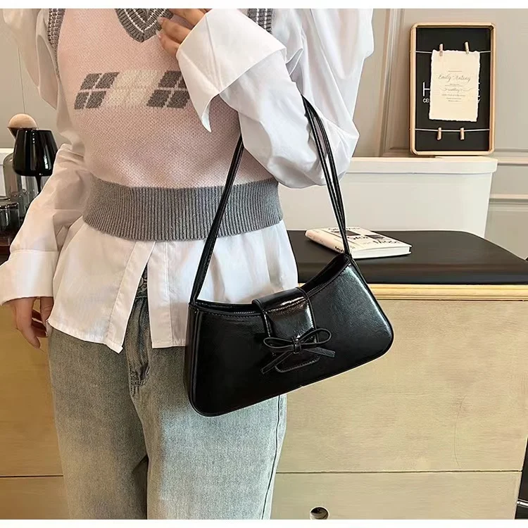 Bolso pequeño con lazo para mujer, bolsa de hombro femenina de cuero Pu, moda coreana Y2K, 2024