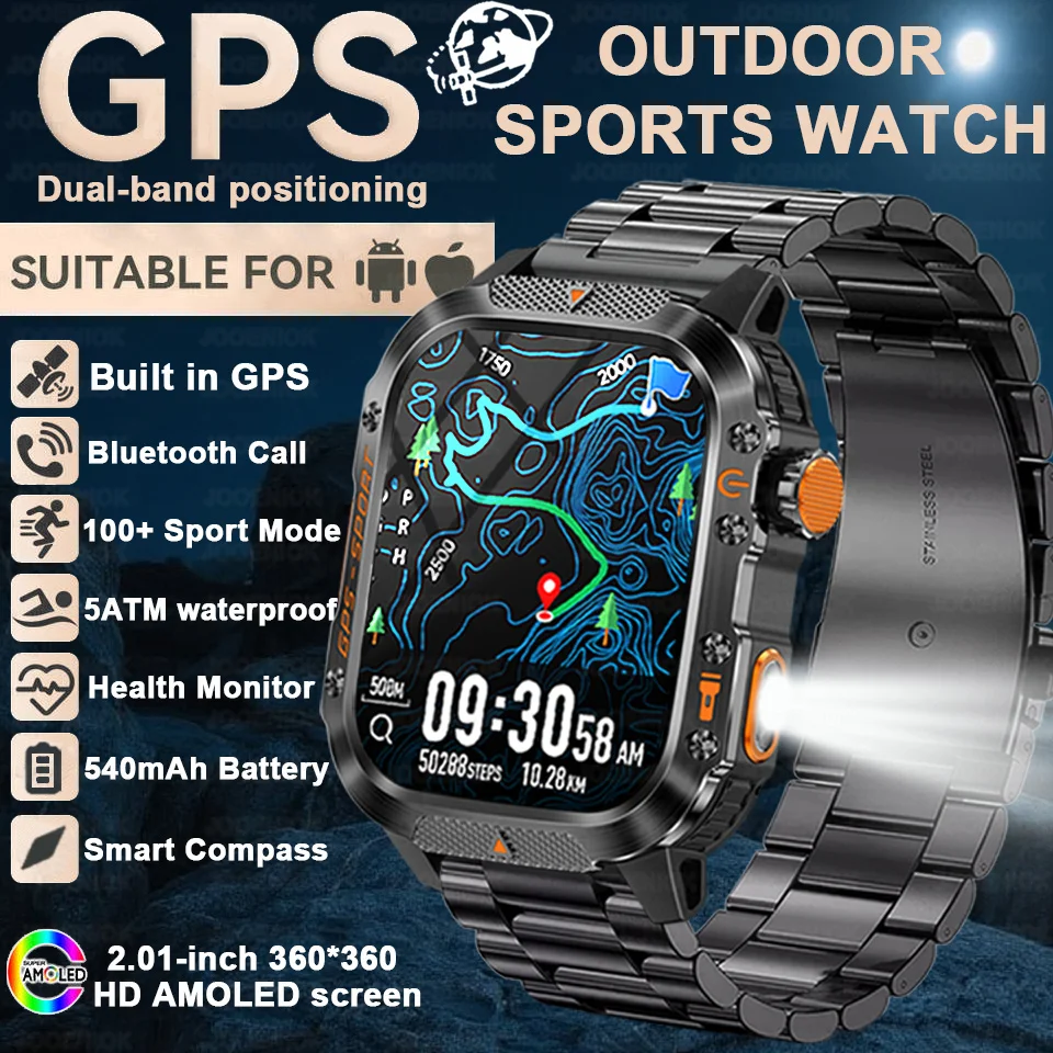 

Military Outdoor Smart Watch Men GPS Flashlight Bluetooth Call 2.01" Screen 3ATM Waterproof Sports Smartwatch For Android IOS