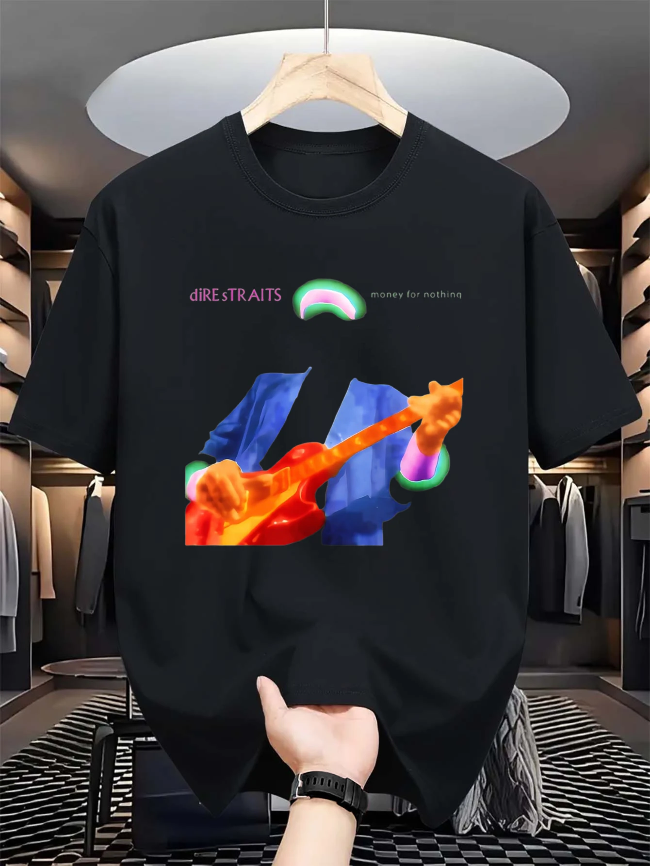 Men's Vintage-Inspired Dire Straits Nothing Money Graphic T-Shirt- Black with Colorful Guitar Print, Loose Fit, Round Neck, Casual Streetwear for Music Festivals Summer, Multiple Sizes Available, Music Festival Apparel Vintage Style Tee Medium