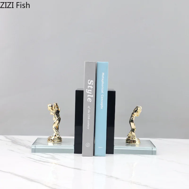 Geometric Crystal Sculpture Metal Golden Man Book Stand Bookshelf 2-piece Set Ornament Home Decoration Crafts Figurines Gifts