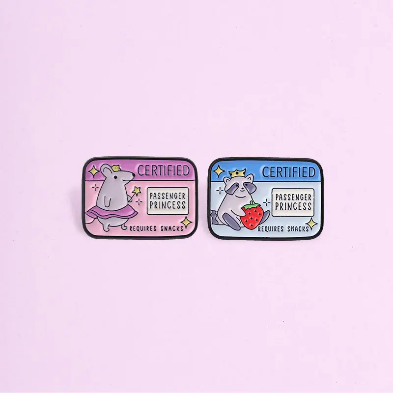 Certified Passenger Princess Enamel Badges Raccoon Mouse Cute Card Pins Funny Animal Brooches Lapel Pin Set Gift For Friends