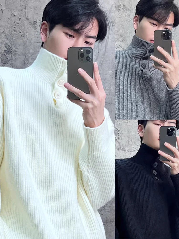 

Мужской свитер свободного кроя с высоким воротом, зимний, в корейском стиле, мягкий, базовый, белый, для ношения под одеждой
