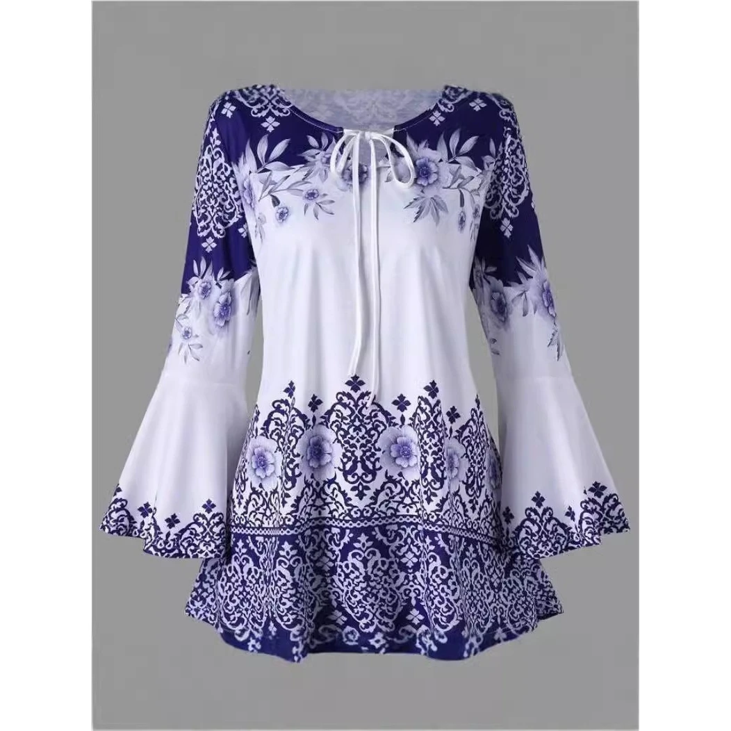 

Women's Long Sve Printed Bell Sve T-irt Belted Slim Fit Large Size Extra Large 3D Effect Lace irt Spring 2023