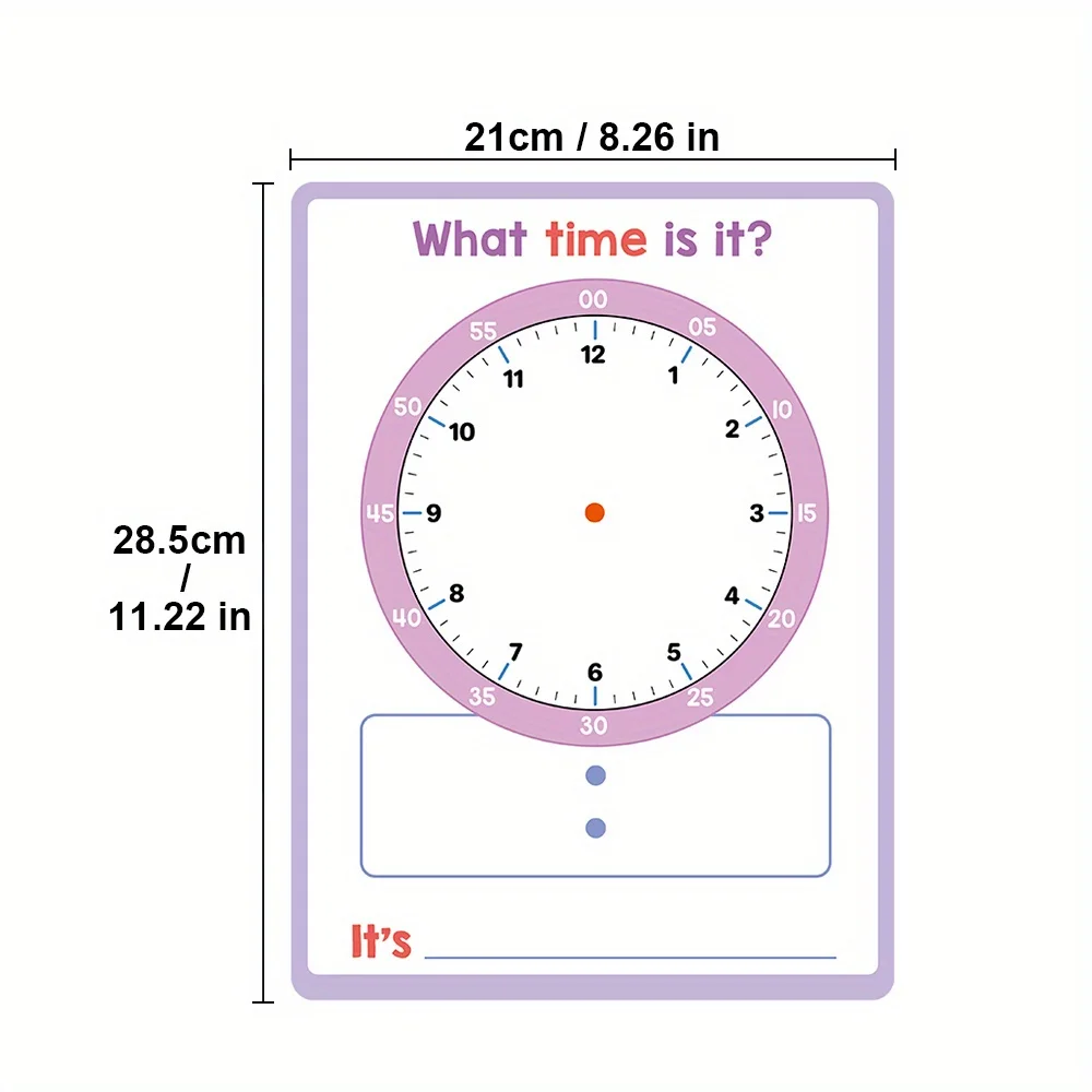 10Pcs Dry Erase Clock Chart for Kids Learning Time Minute & Hour Hand Demonstration Clocks Educational Math Poster Teaching Aids