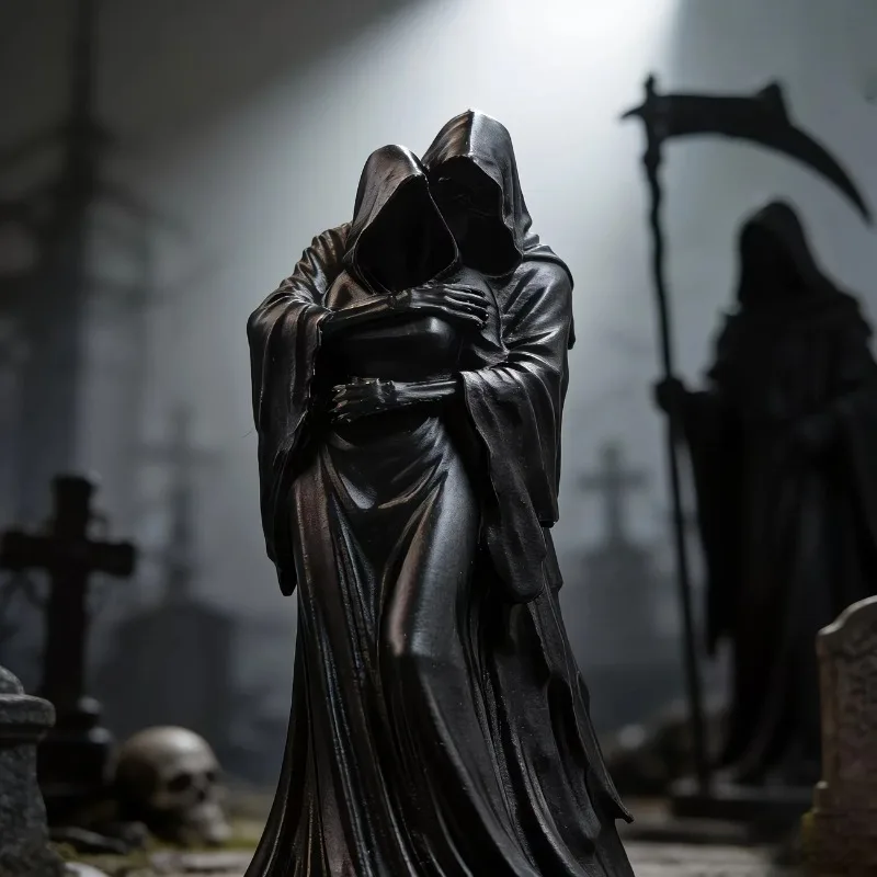 Grim Reaper Embrace Statue Decor, Collectible Figurines, Home Shelf and Desk Ornaments, Gothic Skull Sculptures