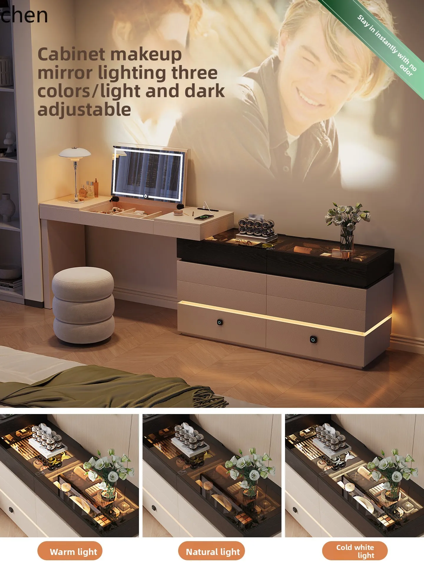 HTT Makeup Table Multifunctional Dressing Table Computer Desk Storage Cabinet Integrated Drawer with Lock Cream Style Solid Wood
