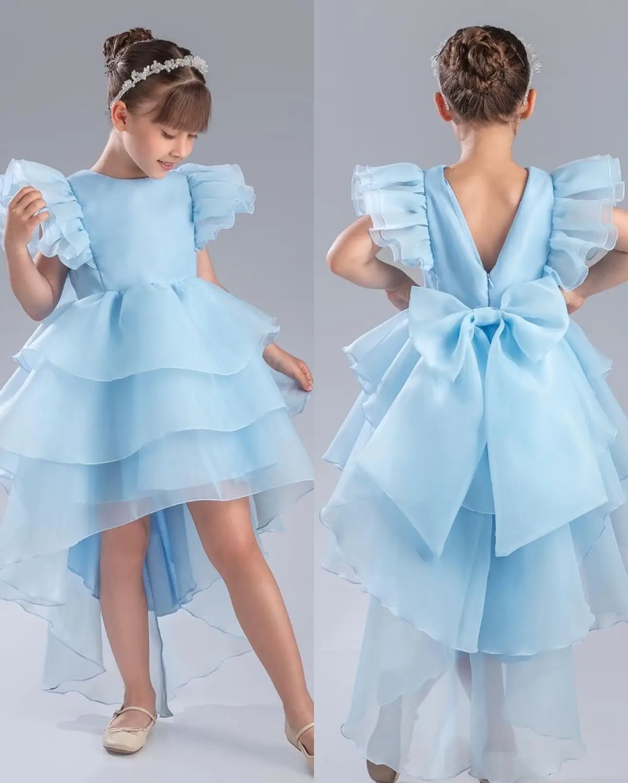 세련된 부드러운 오간자 공주 꽃 소녀 드레스 사랑스러운 플라잉 슬리브 보우 러플 투투 드레스 화려한 생일 파티 볼 가운
