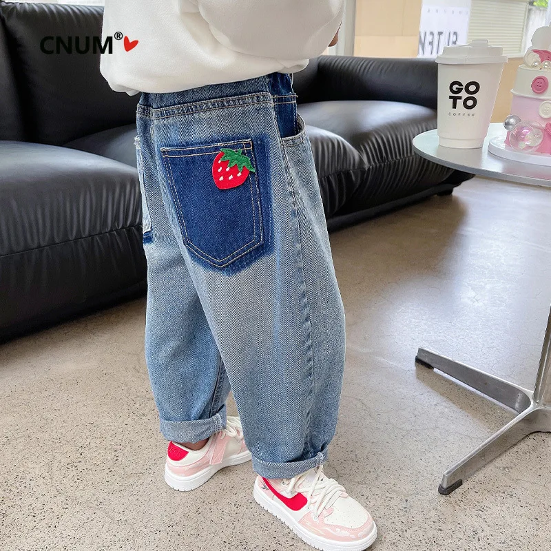 CNUM Baby Girls' Casual Jeans with Patch Pockets, Color-block Strawberry Logo, Loose Fit Spring Pants for Toddler Kids Clothes