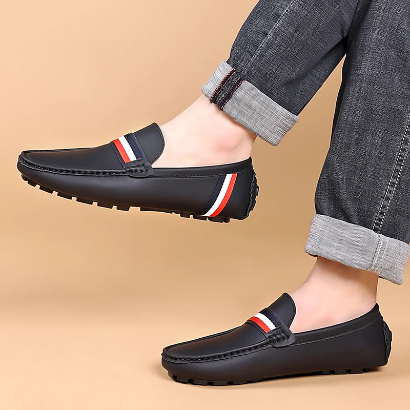 HKDQ Original Brand Leather Loafers Men Fashion Casual Black Men\'s Moccasins Summer Comfort Lightweight Slip-on Flat Shoes Man