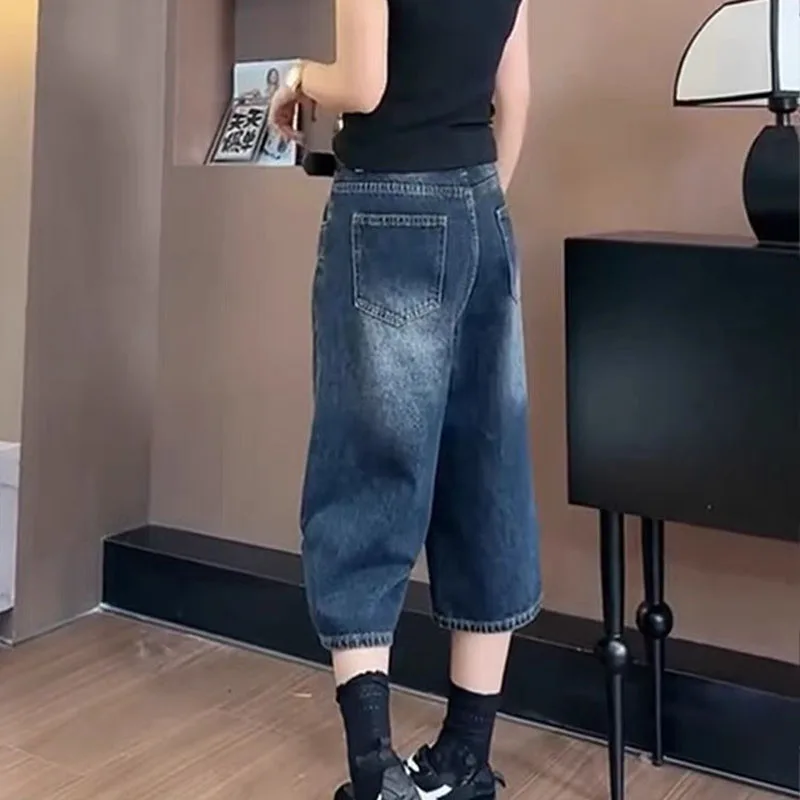 High Waist Black Retro Washed Denim Shorts Women's Vintage Fashion Casual Straight Pants Y2K Streetwear Mid Long Wide Leg Pants