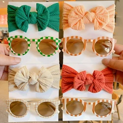 2Pcs/Set Baby Girls Cute Colors Soft Bowknot Wide Hairbands Children Colorful Checkerboard Sunglasses Set Kids Hair Accessories