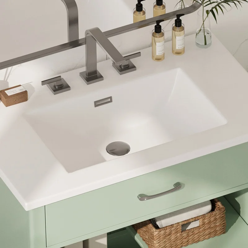 

30 Inches Bathroom Vanity with Tempered Glass, Modern Bathroom Cabinet with Rubber Wood legs and Soft close Doors, Green