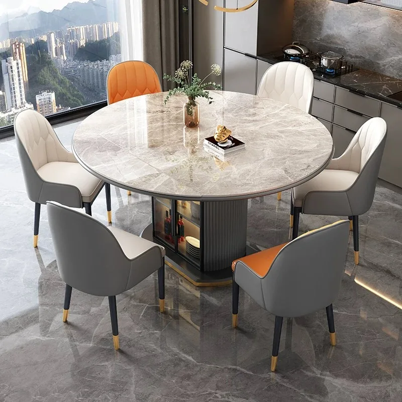 مجموعة كراسي طاولة طعام رخامية مستديرة فاخرة وحديثة قابلة للتمديد وقابلة للطي، 4، 6، 8 مقاعد، تصاميم أثاث متعددة الوظائف