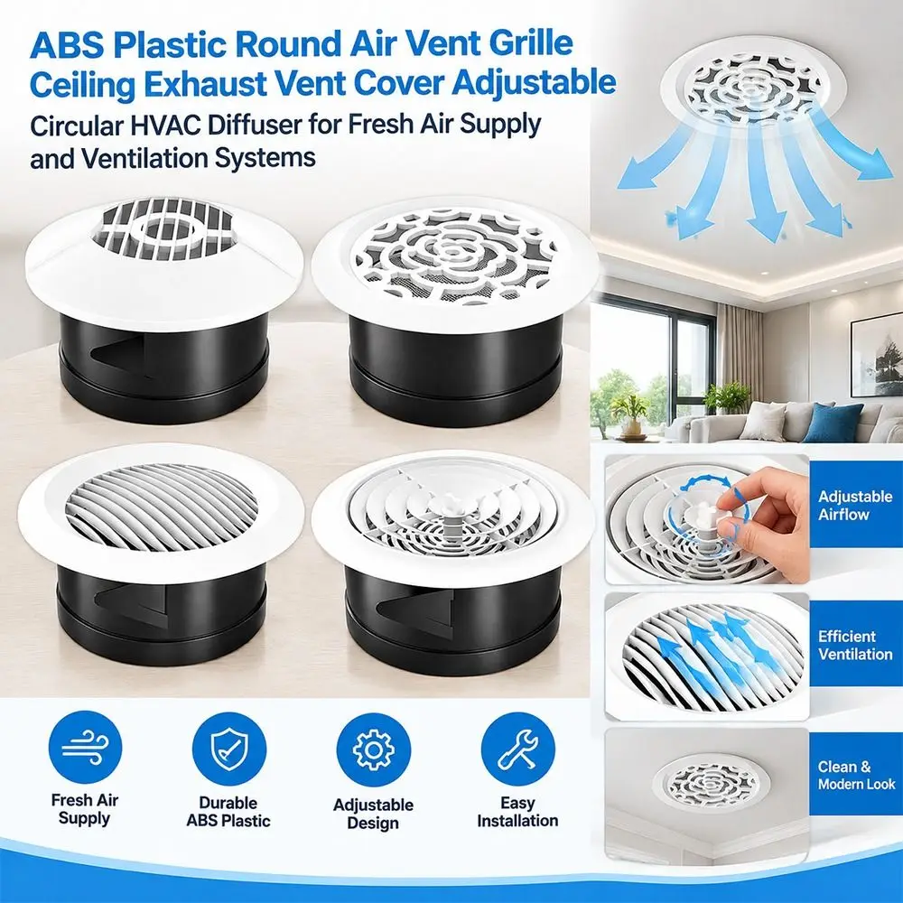 Adjustable Round Air Vent Rotatable Louvers Air Conditioning Outlet Circular HVAC Diffuser Ceiling Vent Grille Air Outlet Grille