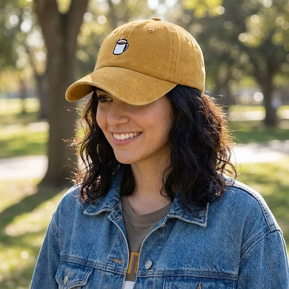 Embroidered Coffee Cup Baseball Cap Hip Hop Washed Cotton Distressed Baseball Cap Adjustable Sunscreen Sun Hat