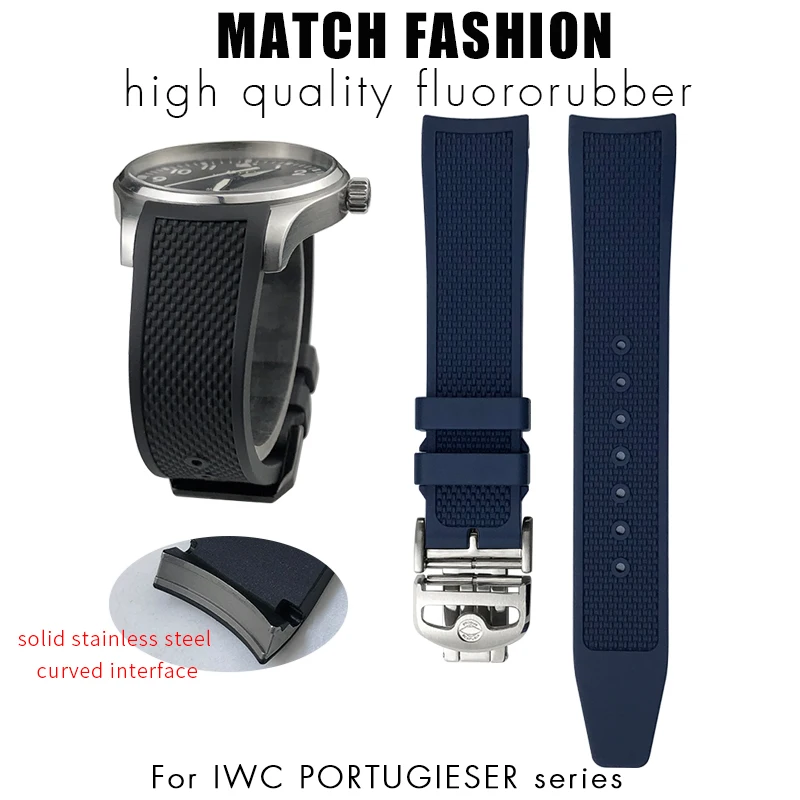 

20mm New Metal Curved End FKM Rubber Watchband for IWC Lastest Portugal IW371609 IW371620 Fluororubber Watch Strap Bracelets