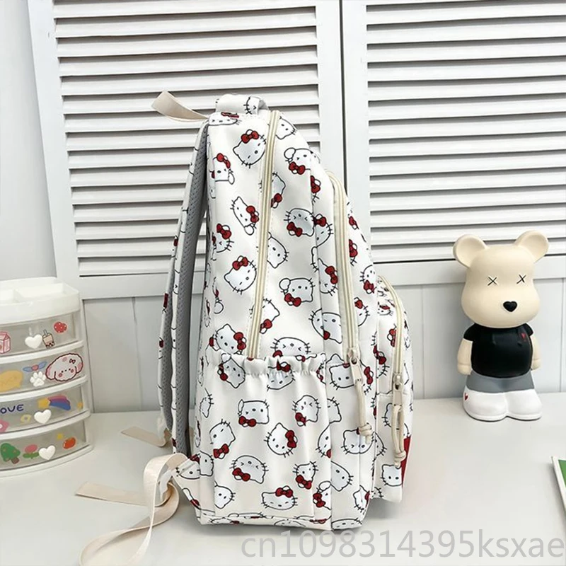  Hello Kitty White Nylon School Backpack Women Girls School Bag with Water Bottle Holder Lightweight Student Book Bag