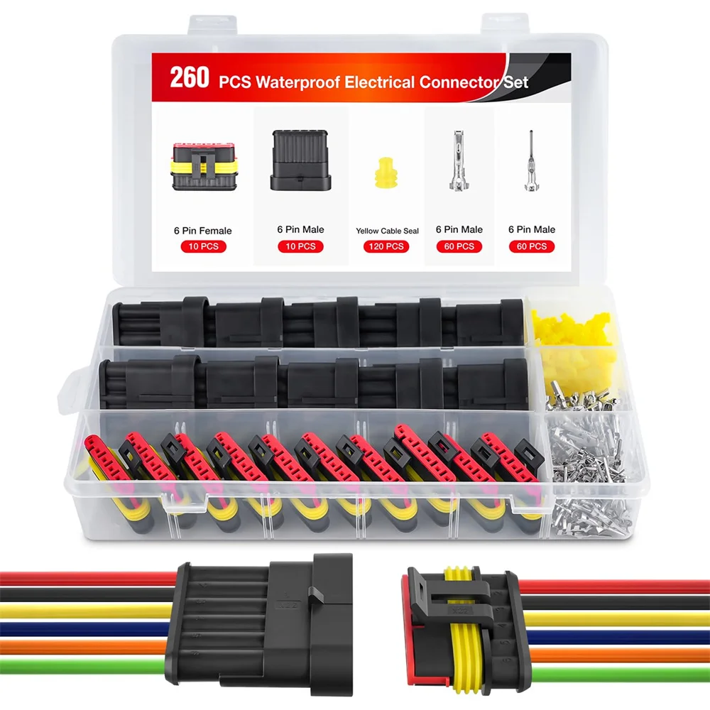 

260PCS Waterproof Connectors 6 Way Automotive Connect Set 6 Pin Electrical Connector ‎Plug Male Female Terminal for Car Truck