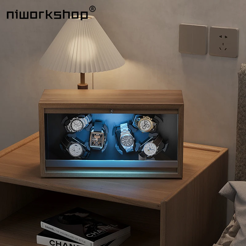 Automatic Watch Winder,6 Slots Wooden Watch Storage Cases with Quite Motor,LED Light,Flexible Pillows For MenAnd Women's Watches