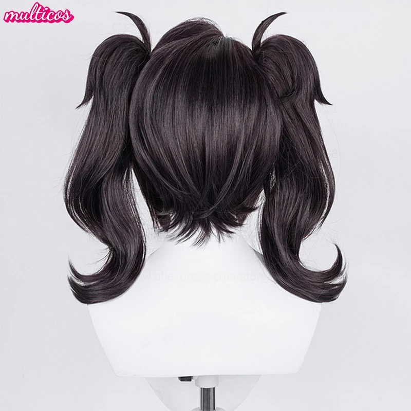 High Quality Game Ame Angel-chan Cosplay Wig Short Black Double Clip Ponytails Heat Resistant Synthetic Hair Anime Wigs + WigCap view 5