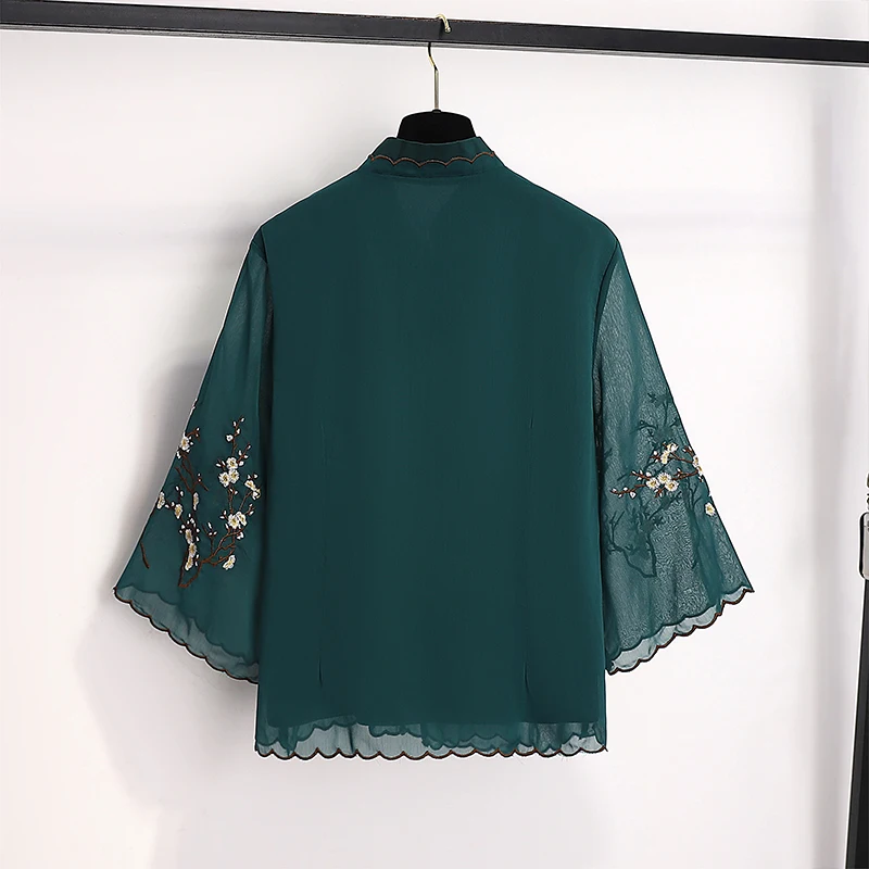 Floral Embroidered Chiffon Blouses Women Flare Sleeve Vintage Tang Tops Chinese Style Retro Buckle Tops
