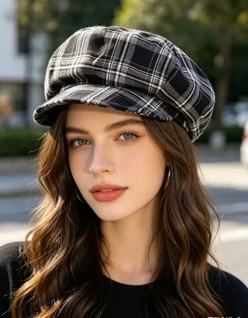 Black White Plaid Newsboy Cap for Women Men Vintage Baker Boy Hat Gatsby Cabbie Flat Cap Retro Beret
