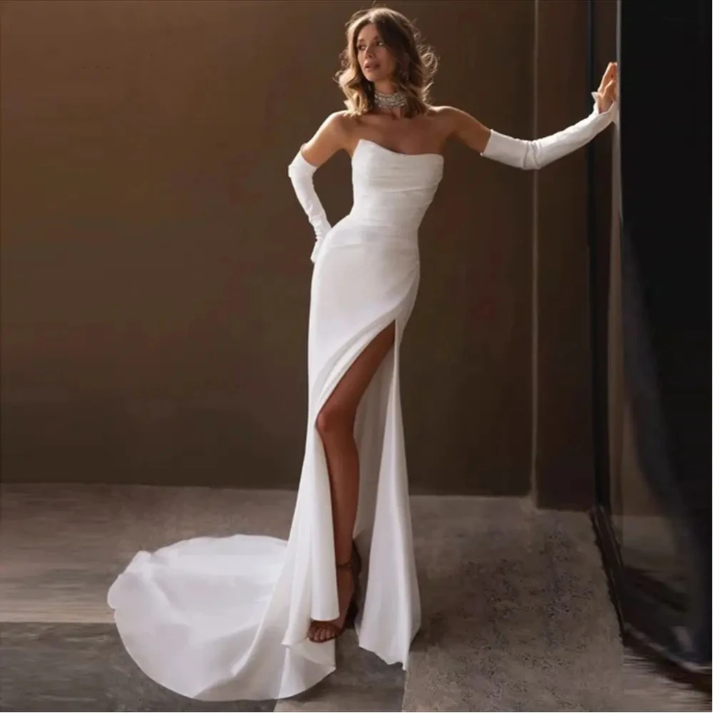 

Luxury Wedding Dress New 2024 Simple Mermaid Strapless Sleeveless Bridal Gowns Pleats Button Soft Satin Vestidos De Novia W10313