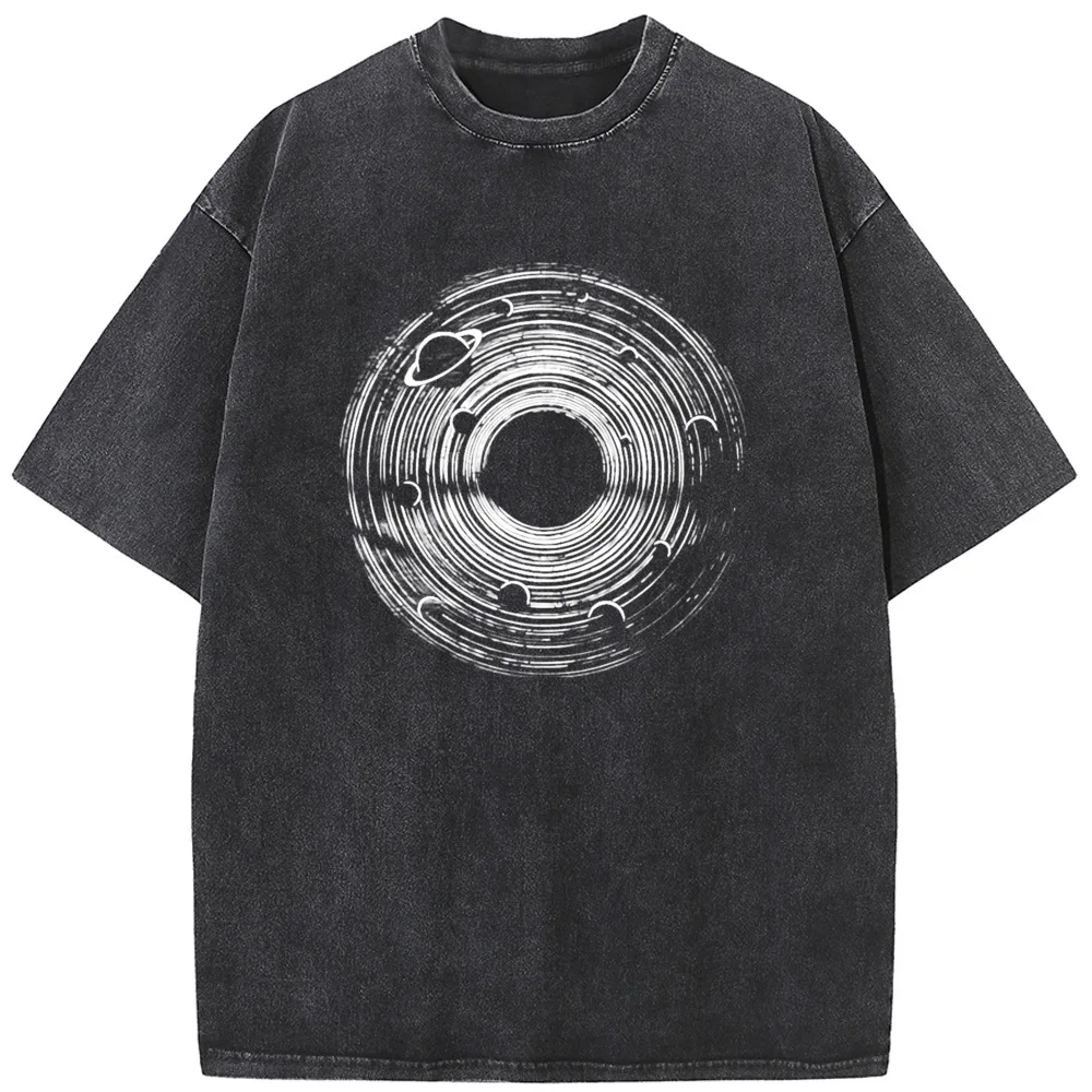 Men's Universe Black Hole and Solar System Washed T-Shirt 230g Cotton Vintage Bleached Tshirt Tops Casual Loose Bleach T shirt