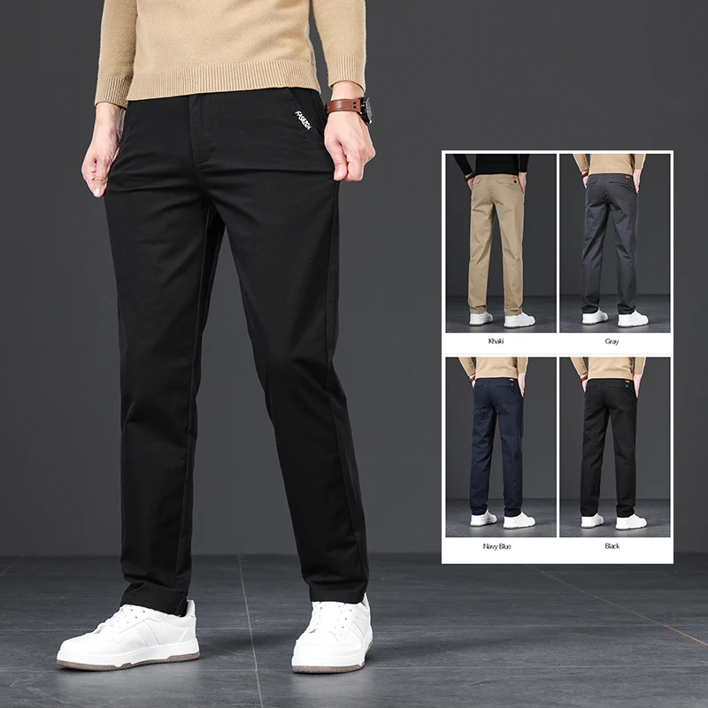 

4 Colors Business Men's Casual Pants Straight Fashion Label Classic Baggy Brand Male Formal Trousers Khaki Black Gray Navy Blue