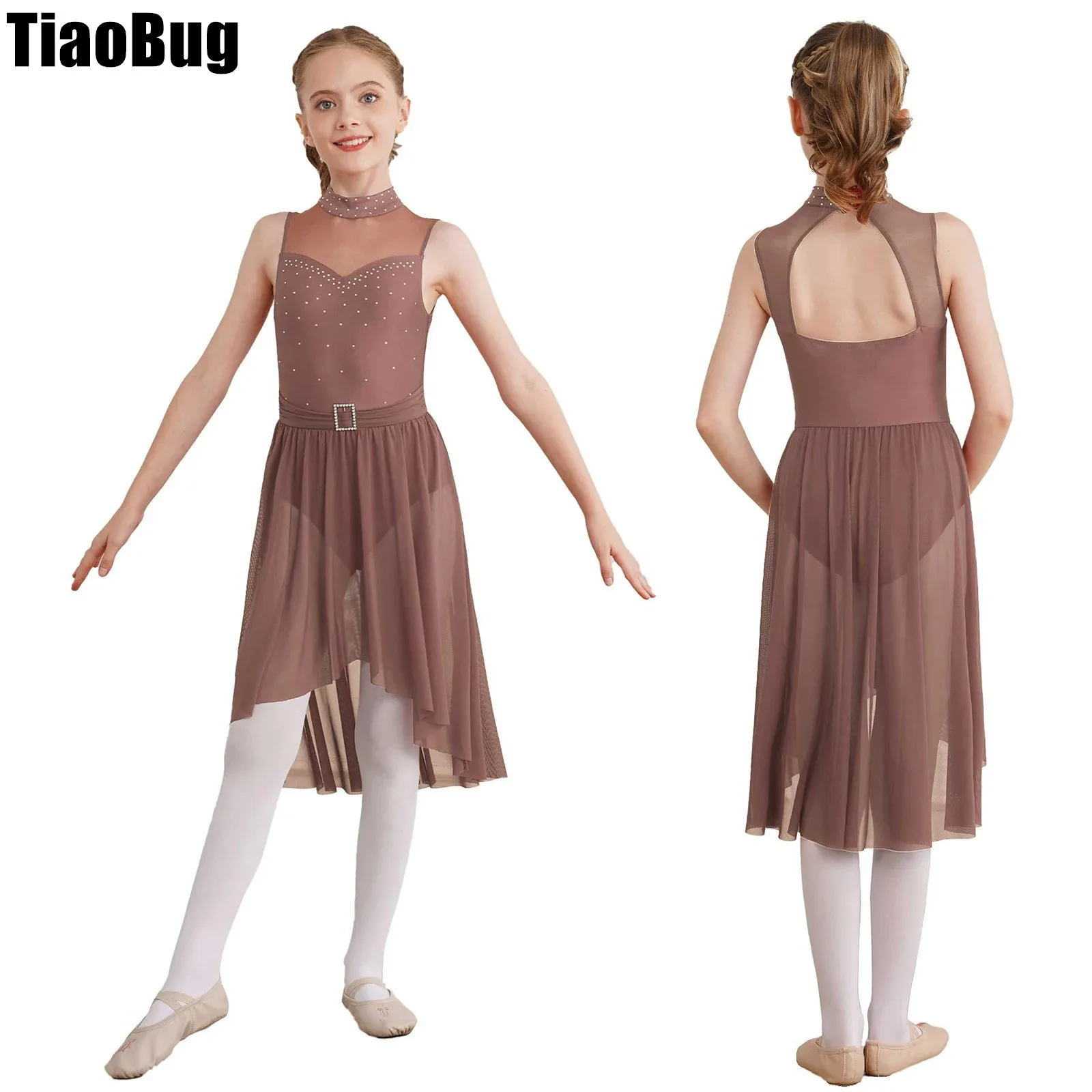 Kids Girls Lyrical Modern Dance Dress Sleeveless Rhinestone Back Hollow High-Low Hem Built-in Briefs Dance Leotard Dress