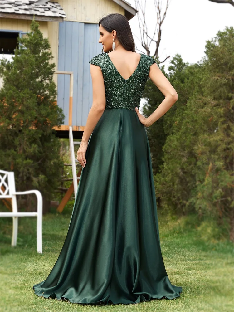 Lucyinlove Elegant V Neck Green Sequin Evening Dress Long 2024 Luxury Women Satin Short Sleeves Party Dress Prom Cocktail Dress