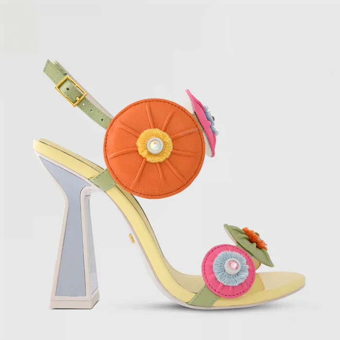 Round Colored Flower and Fruit Decoration Slingback Straps Buckle Sandals Open Toe Hollow Block Heels Design Sweet Party Shoes