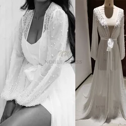 Pearls Long Sleeve Wedding Jacket Chiffon Party Shawl BOLERO Floor-Length Bridal Dress Cape Sexy Pearl robe