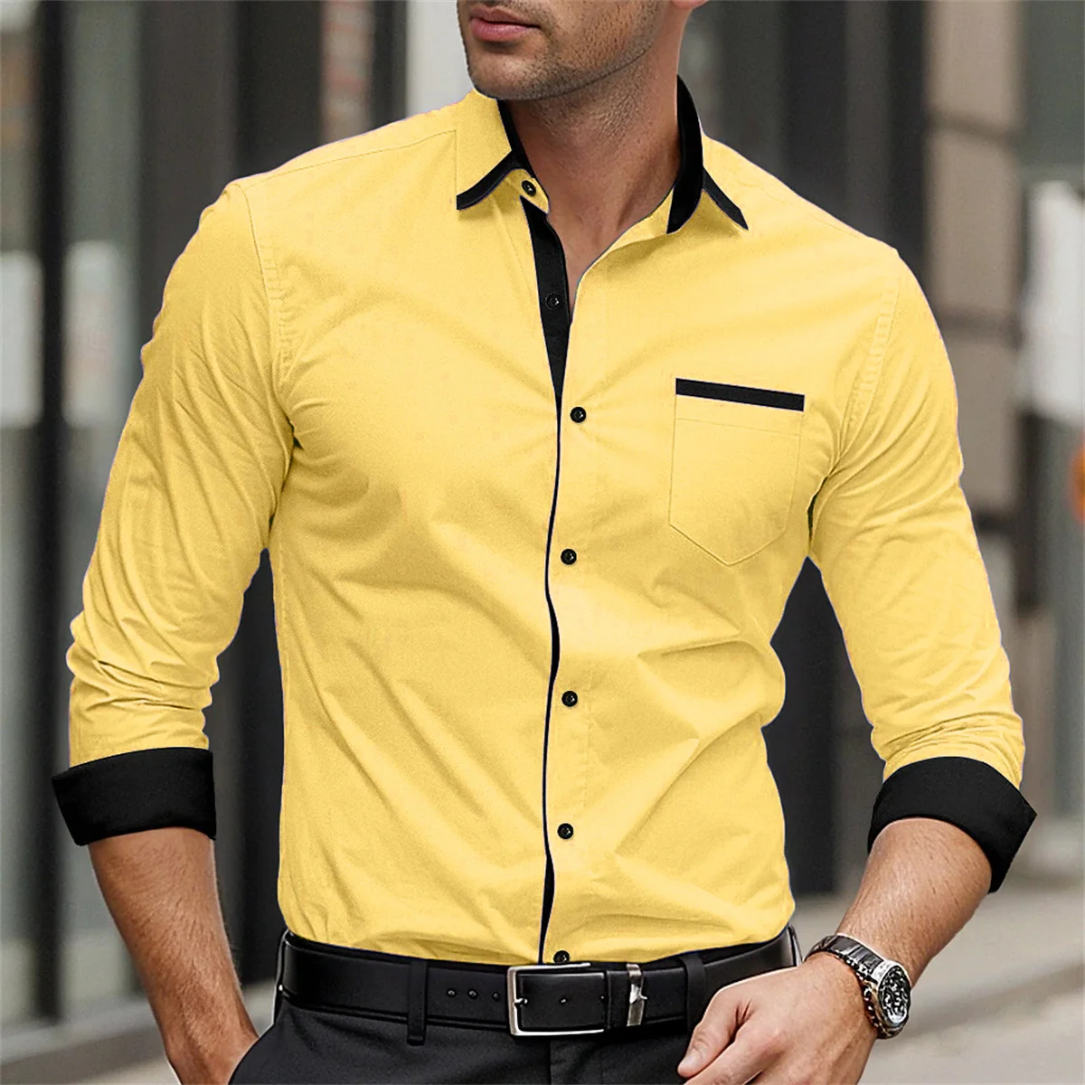 Męska koszula wizytowa w jednolitym kolorze, koszula z nadrukiem w stylu business casual, koszula z długim rękawem zapinana na guziki, modny męski top uliczny