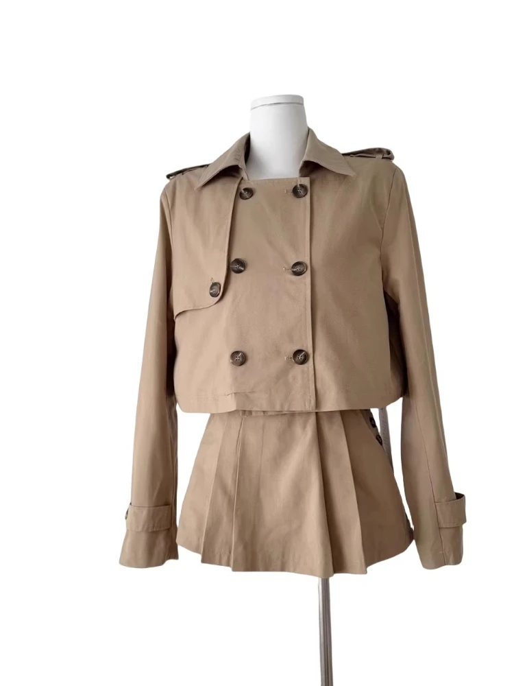 khaki Coat Short Jacket Two-piece Set Women Autumn Korean Casual Double-breasted Coats Anti-Glare High Waist Skirt Suit 2025 New