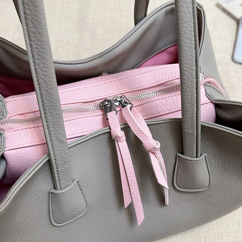 Damen-Tragetasche, mehrschichtige Schultertasche mit großem Fassungsvermögen und Reißverschluss, Damen-Vintage-Handtasche mit mattiertem Finish, ideal für Büro, Pendel und den täglichen Gebrauch, mit Tragegriff. – Detail 5