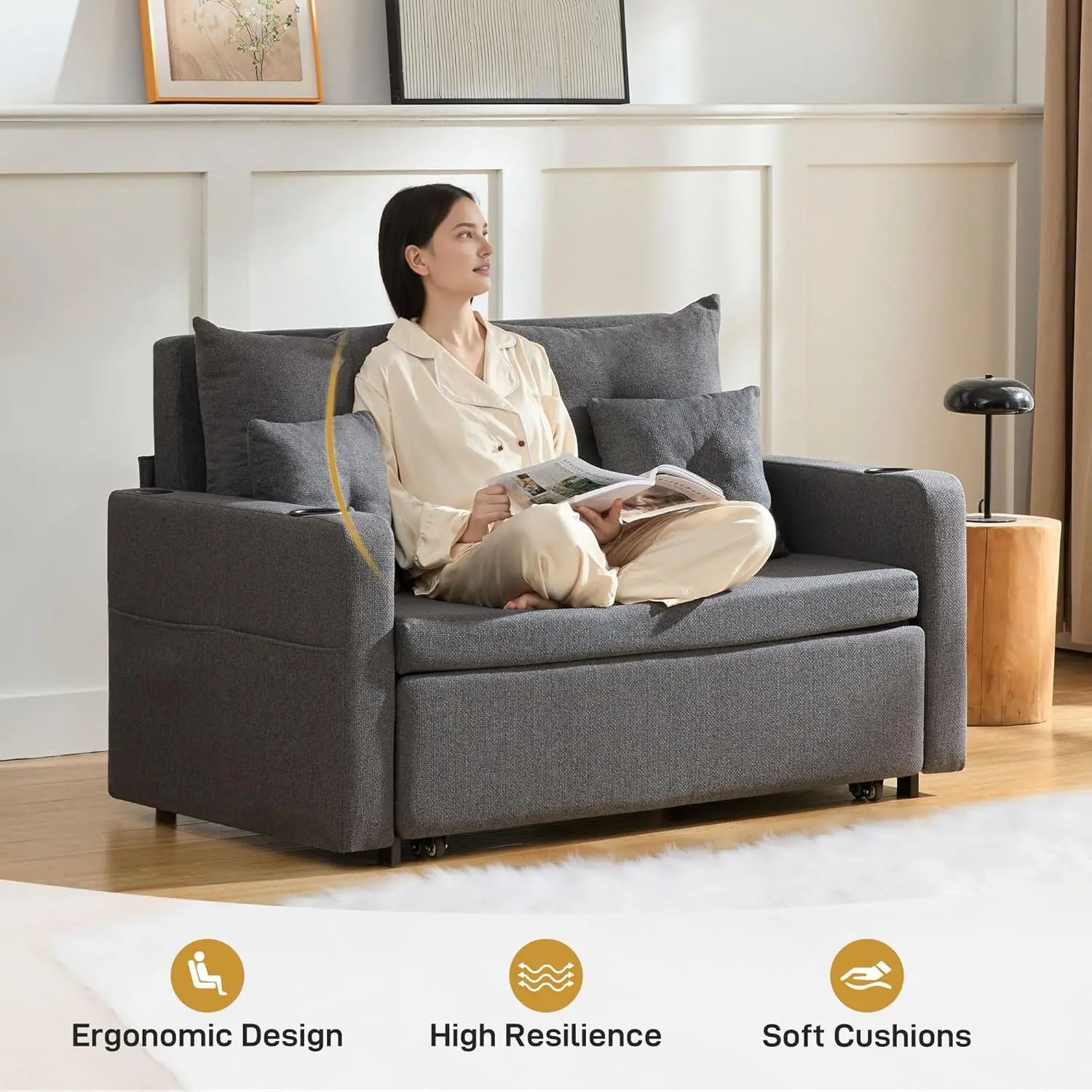 أريكة سرير قابلة للتحويل 3 في 1، سرير أريكة نوم بمقعدين كامل مقاس 56 بوصة، سرير أريكة للنوم مع جيب تخزين، USB